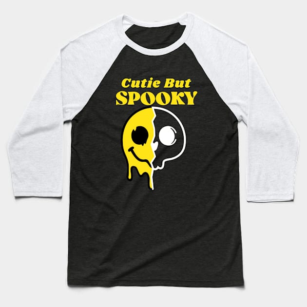 Cutie But Spooky Halloween Skull and Melting Smiley Design Baseball T-Shirt by Artist usha